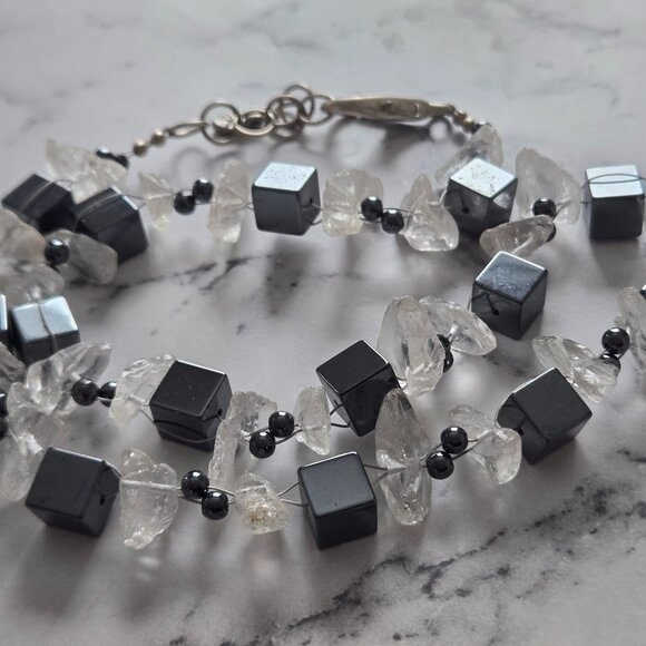 Beautiful Raw Clear Crystal & Hematite Beaded Artisan Necklace - Picture 1 of 5